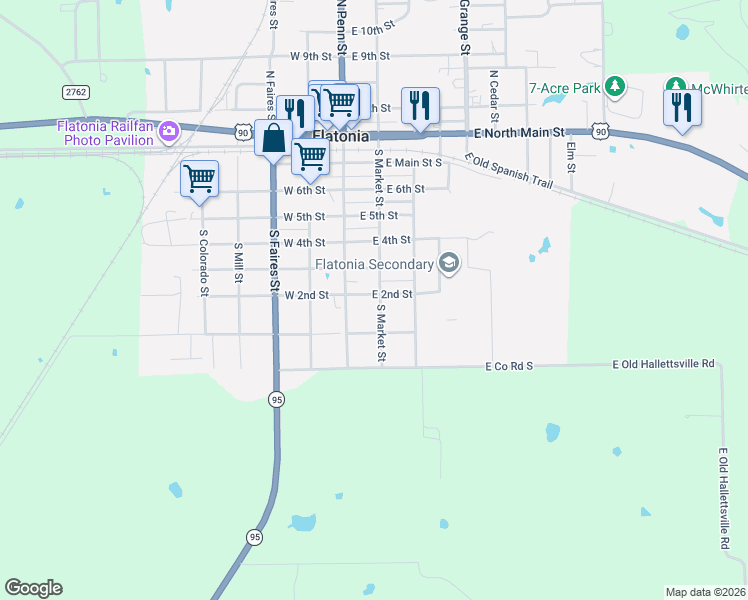 map of restaurants, bars, coffee shops, grocery stores, and more near 129 East 2nd Street in Flatonia