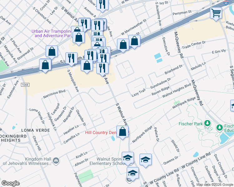 map of restaurants, bars, coffee shops, grocery stores, and more near 1147 South Walnut Avenue in New Braunfels