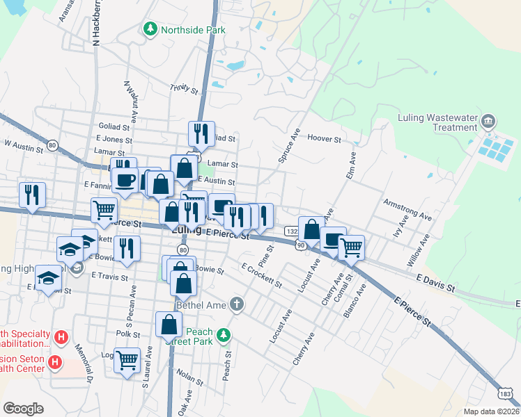 map of restaurants, bars, coffee shops, grocery stores, and more near 210 Myrtle Avenue in Luling