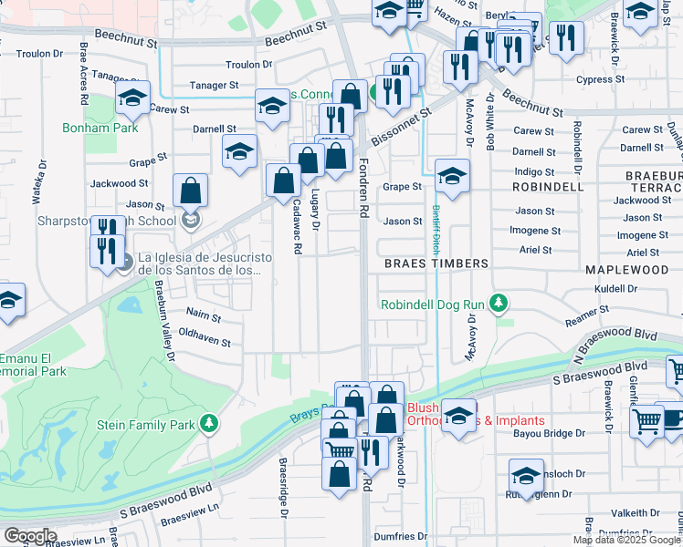 map of restaurants, bars, coffee shops, grocery stores, and more near 8900 Fondren Road in Houston