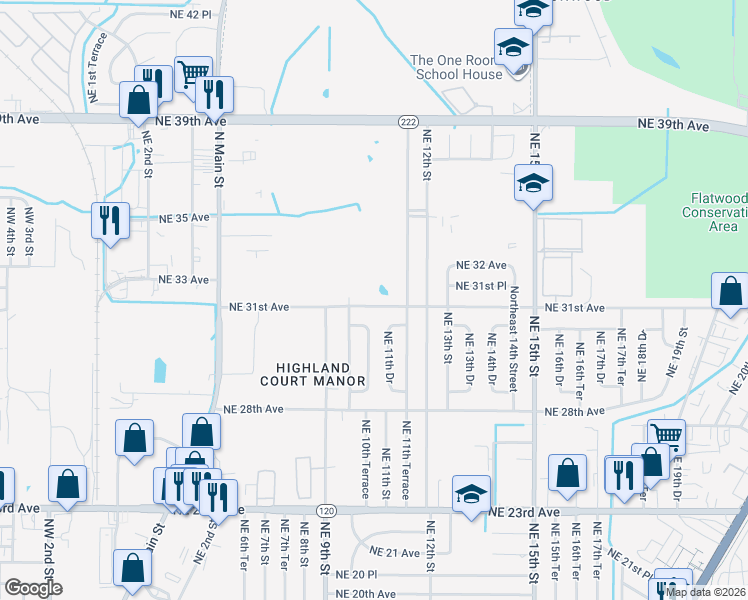 map of restaurants, bars, coffee shops, grocery stores, and more near 1026 Northeast 31st Avenue in Gainesville