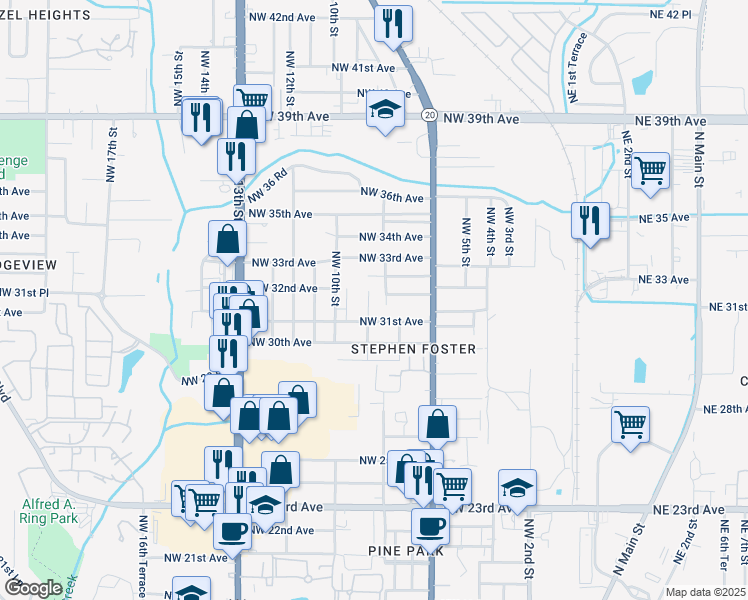 map of restaurants, bars, coffee shops, grocery stores, and more near 3125 Northwest 9th Street in Gainesville