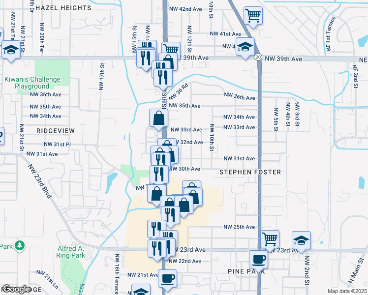 map of restaurants, bars, coffee shops, grocery stores, and more near 3178 Northwest 12th Terrace in Gainesville