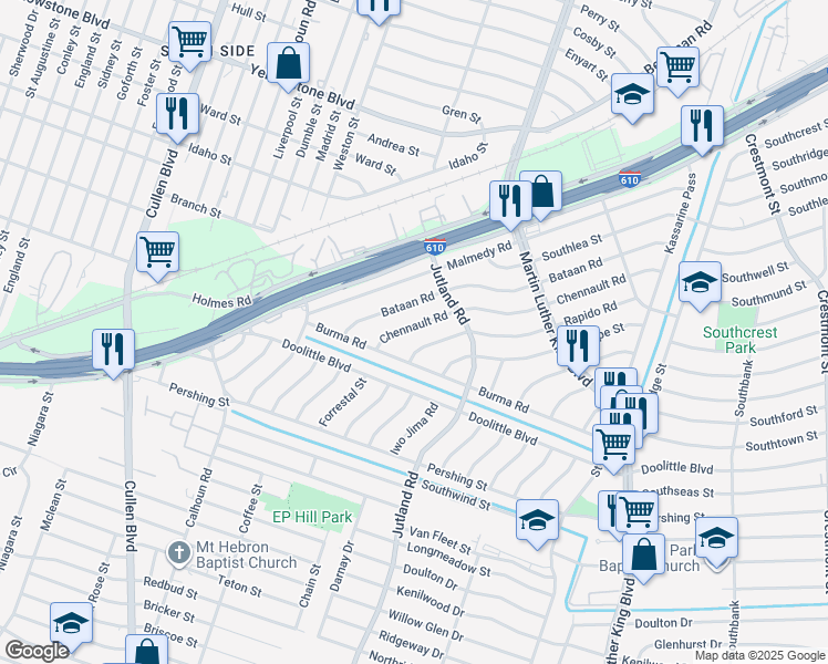 map of restaurants, bars, coffee shops, grocery stores, and more near 5006 Chennault Road in Houston