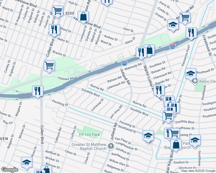 map of restaurants, bars, coffee shops, grocery stores, and more near 4930 Bataan Road in Houston