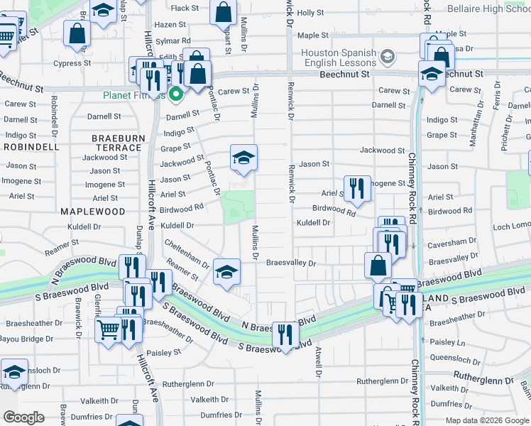 map of restaurants, bars, coffee shops, grocery stores, and more near 5519 Birdwood Road in Houston