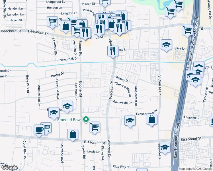 map of restaurants, bars, coffee shops, grocery stores, and more near 8816 Wilcrest Drive in Houston
