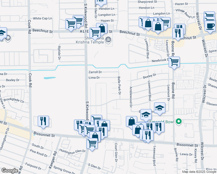 map of restaurants, bars, coffee shops, grocery stores, and more near 8710 Ketchwood Drive in Houston