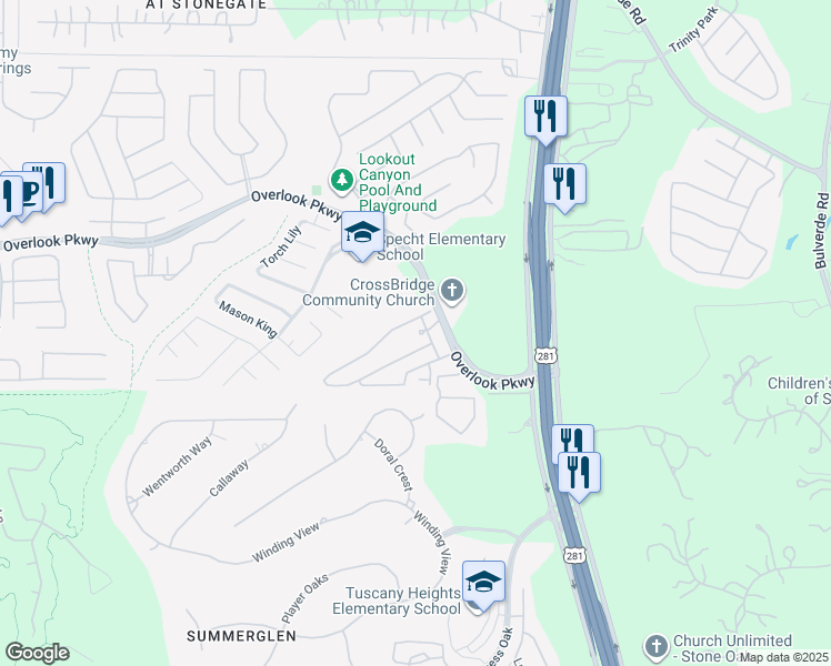 map of restaurants, bars, coffee shops, grocery stores, and more near 25675 Overlook Parkway in San Antonio