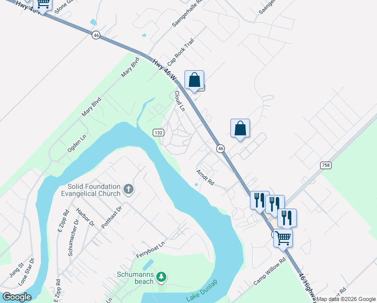 map of restaurants, bars, coffee shops, grocery stores, and more near 2137 Dorman Drive in New Braunfels