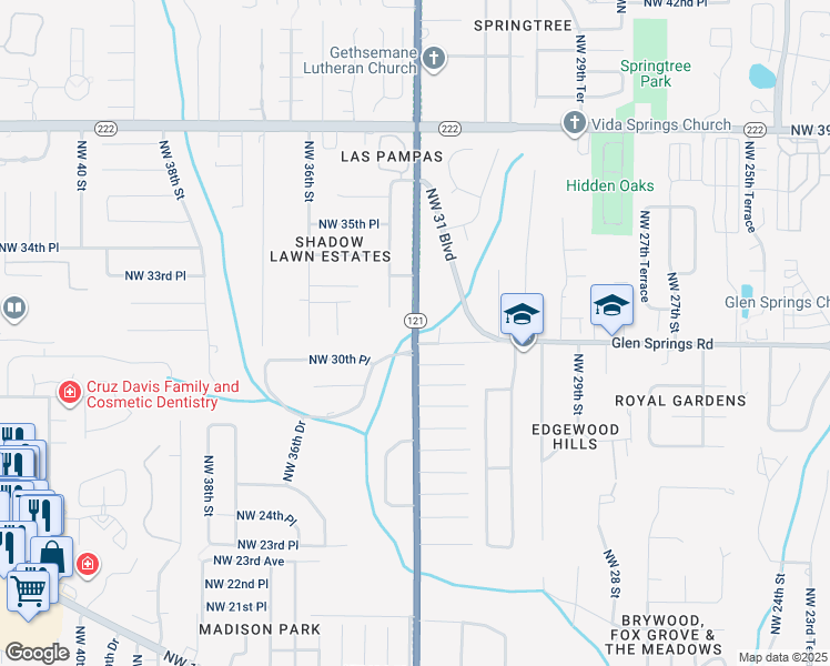map of restaurants, bars, coffee shops, grocery stores, and more near Northwest 34th Street in Gainesville