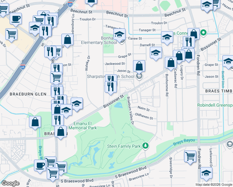 map of restaurants, bars, coffee shops, grocery stores, and more near 7950 Bissonnet Street in Houston