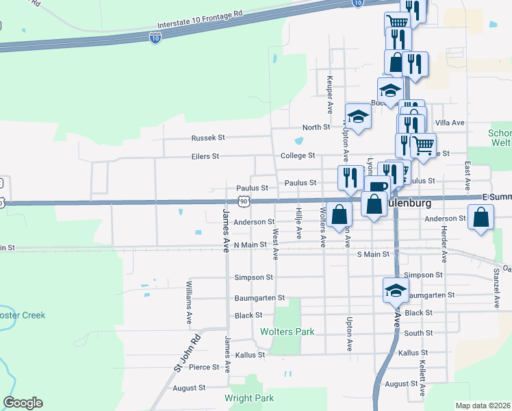 map of restaurants, bars, coffee shops, grocery stores, and more near 608 Bohlmann Avenue in Schulenburg