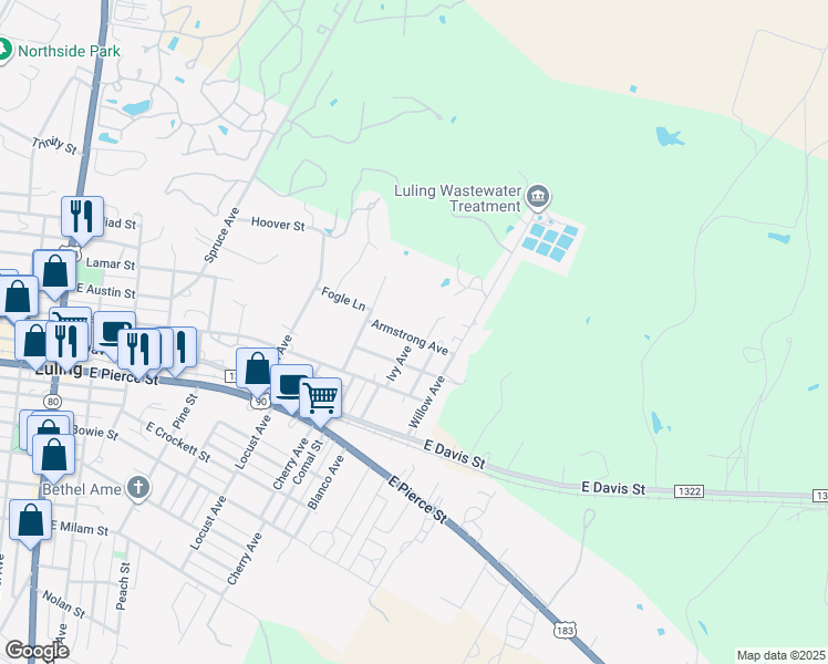 map of restaurants, bars, coffee shops, grocery stores, and more near 324 Ivy Avenue in Luling