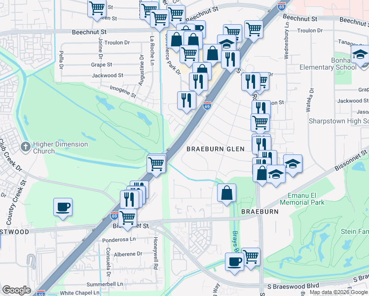 map of restaurants, bars, coffee shops, grocery stores, and more near 9326 Mahoning Drive in Houston