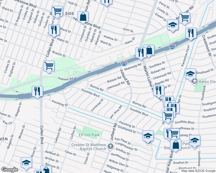 map of restaurants, bars, coffee shops, grocery stores, and more near 4930 Bataan Road in Houston