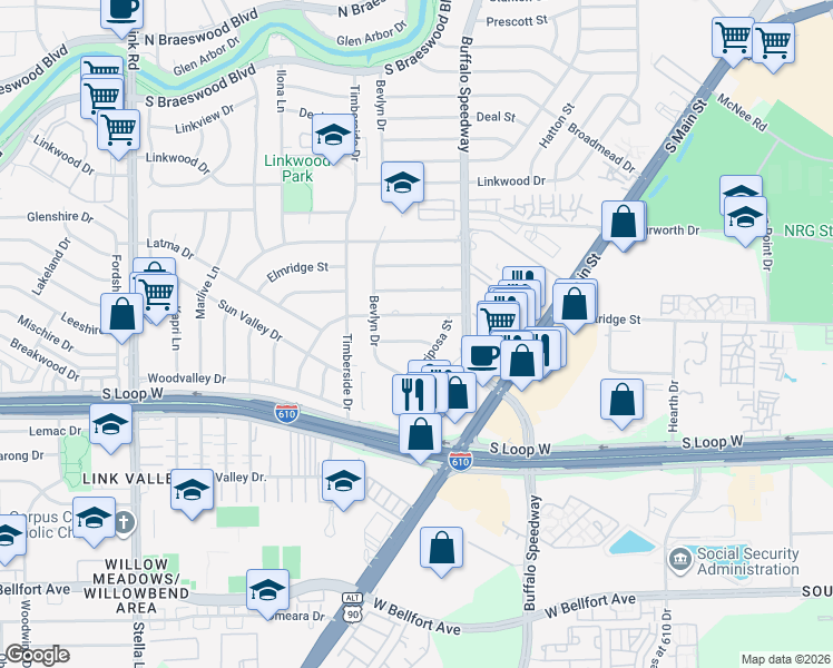 map of restaurants, bars, coffee shops, grocery stores, and more near 3221 Westridge Street in Houston