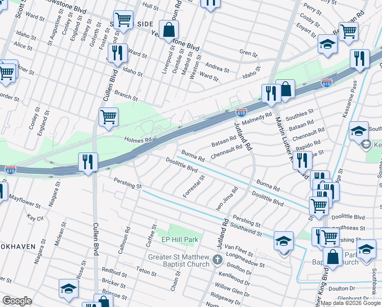 map of restaurants, bars, coffee shops, grocery stores, and more near 4905 Bataan Road in Houston