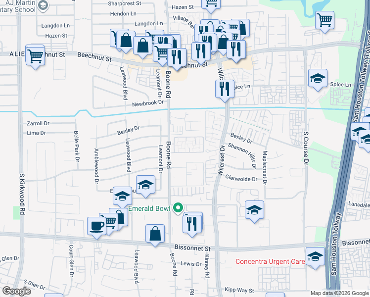 map of restaurants, bars, coffee shops, grocery stores, and more near 8811 Boone Road in Houston