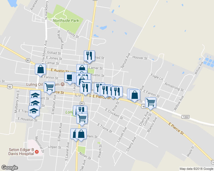 map of restaurants, bars, coffee shops, grocery stores, and more near 908 East Fannin Street in Luling