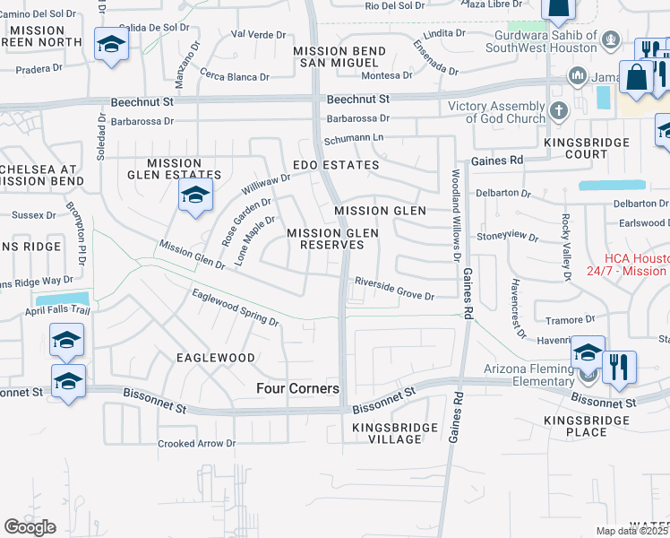 map of restaurants, bars, coffee shops, grocery stores, and more near 15811 Mission Crest Court in Houston