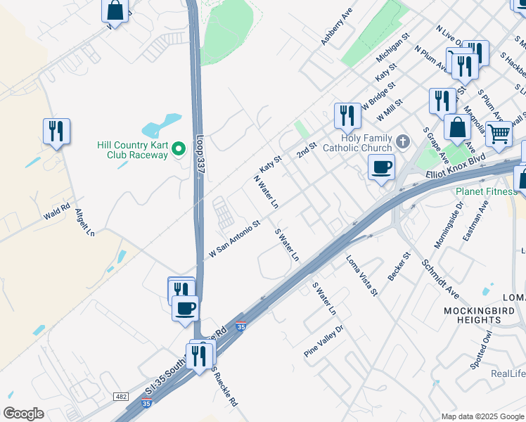 map of restaurants, bars, coffee shops, grocery stores, and more near 2990 West San Antonio Street in New Braunfels