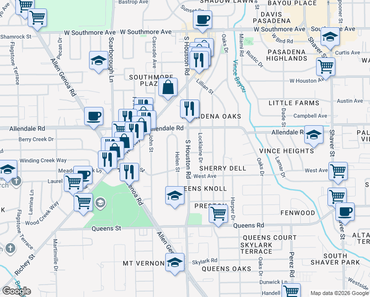 map of restaurants, bars, coffee shops, grocery stores, and more near 2014 South Houston Road in Pasadena