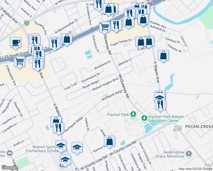 map of restaurants, bars, coffee shops, grocery stores, and more near 341 Walnut Heights Boulevard in New Braunfels