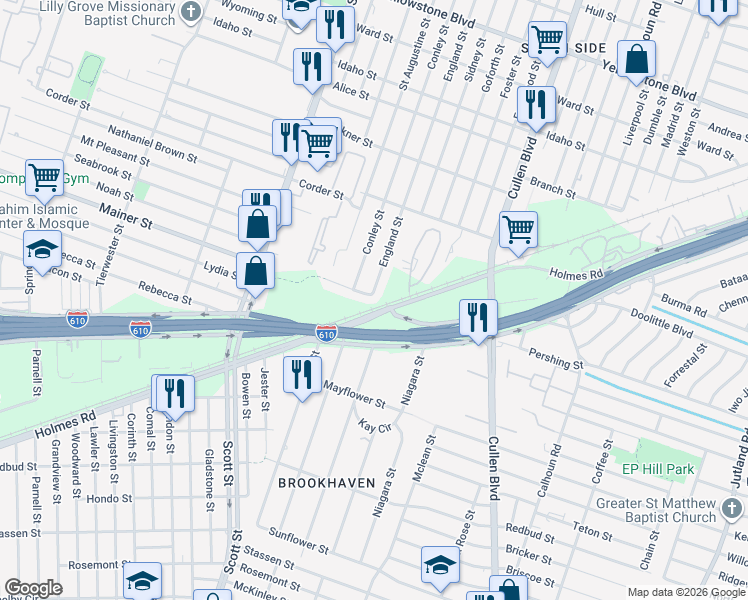 map of restaurants, bars, coffee shops, grocery stores, and more near 7347 England Street in Houston
