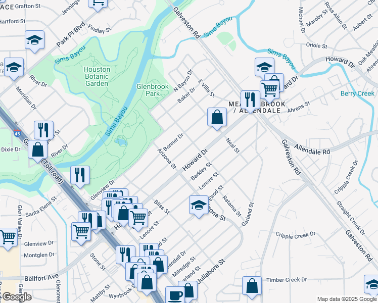 map of restaurants, bars, coffee shops, grocery stores, and more near 8254 Wier Drive in Houston