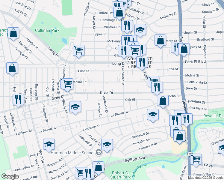 map of restaurants, bars, coffee shops, grocery stores, and more near 7205 Dixie Drive in Houston
