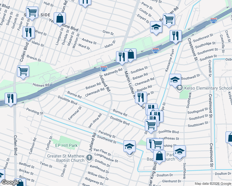 map of restaurants, bars, coffee shops, grocery stores, and more near 5134 Chennault Road in Houston
