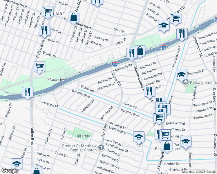 map of restaurants, bars, coffee shops, grocery stores, and more near 5006 Chennault Road in Houston