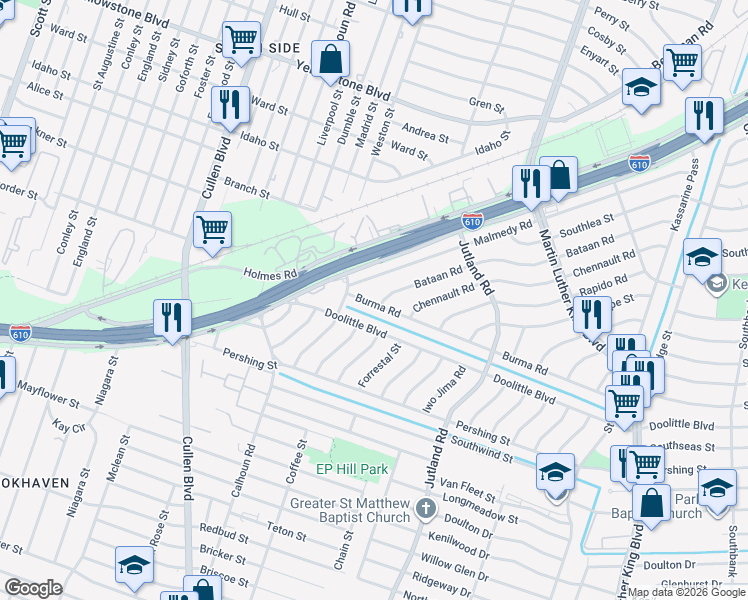 map of restaurants, bars, coffee shops, grocery stores, and more near 4905 Bataan Road in Houston