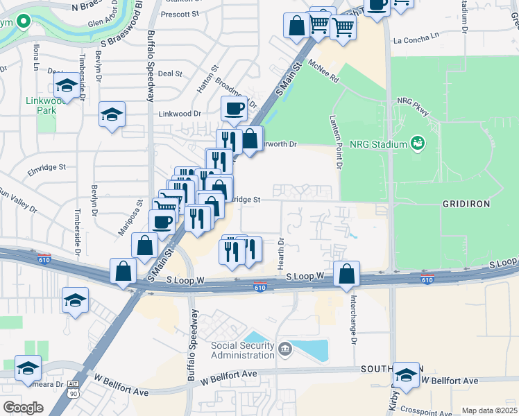 map of restaurants, bars, coffee shops, grocery stores, and more near U Avenue V in Houston