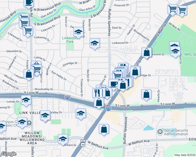 map of restaurants, bars, coffee shops, grocery stores, and more near 3221 Westridge Street in Houston