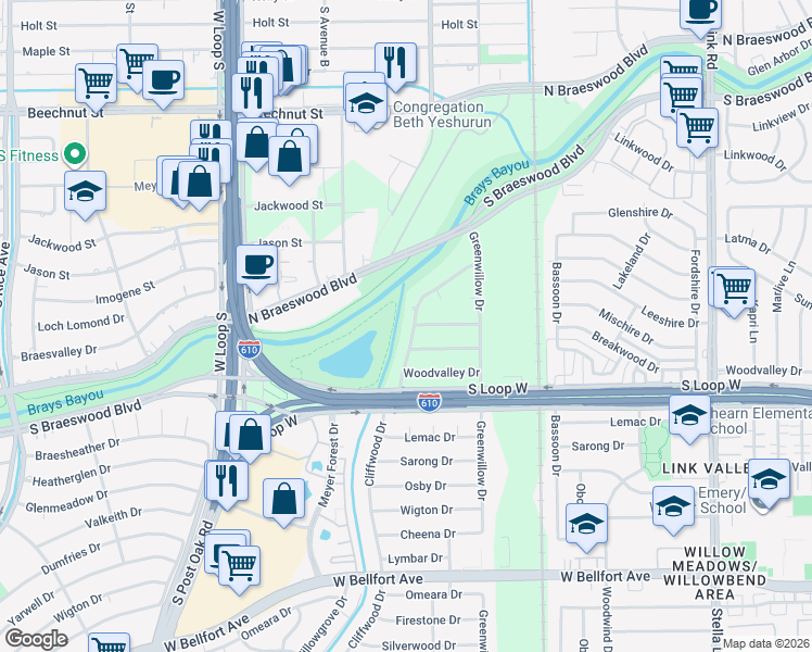 map of restaurants, bars, coffee shops, grocery stores, and more near 9306 Cliffwood Drive in Houston