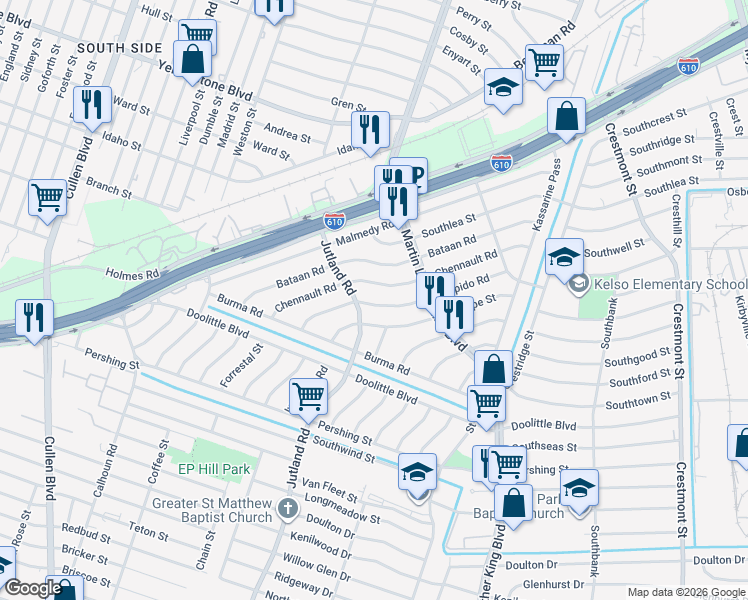 map of restaurants, bars, coffee shops, grocery stores, and more near 5134 Chennault Road in Houston