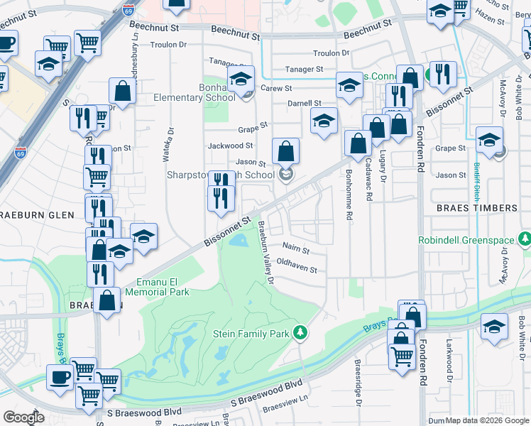 map of restaurants, bars, coffee shops, grocery stores, and more near in Houston