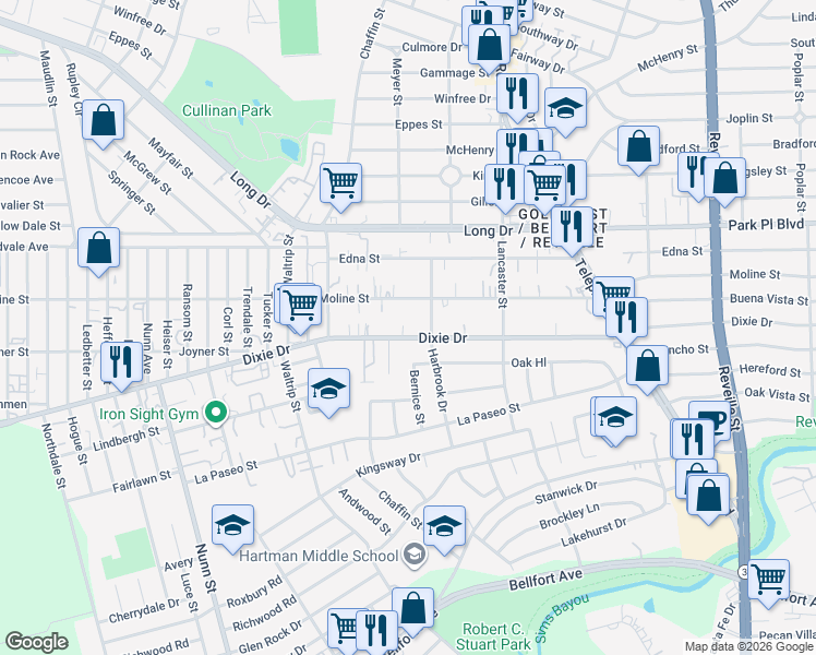 map of restaurants, bars, coffee shops, grocery stores, and more near 7169 Dixie Drive in Houston