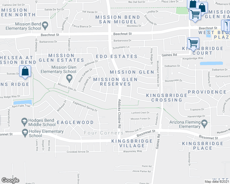 map of restaurants, bars, coffee shops, grocery stores, and more near 15811 Mission Crest Court in Houston