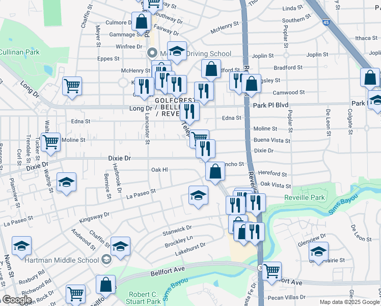 map of restaurants, bars, coffee shops, grocery stores, and more near 7369 Dixie Drive in Houston
