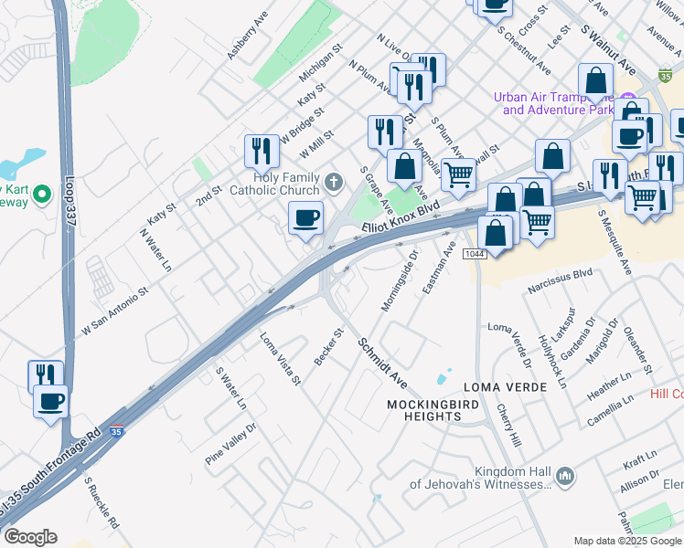 map of restaurants, bars, coffee shops, grocery stores, and more near 2410 Interstate 35 North Frontage Road in New Braunfels