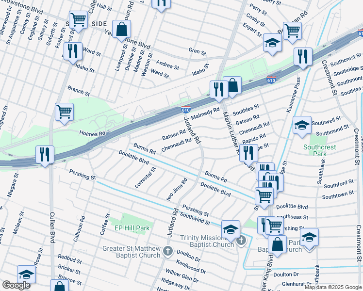 map of restaurants, bars, coffee shops, grocery stores, and more near 5006 Chennault Road in Houston