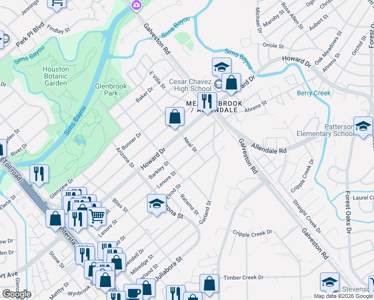 map of restaurants, bars, coffee shops, grocery stores, and more near 8346 Barkley Street in Houston