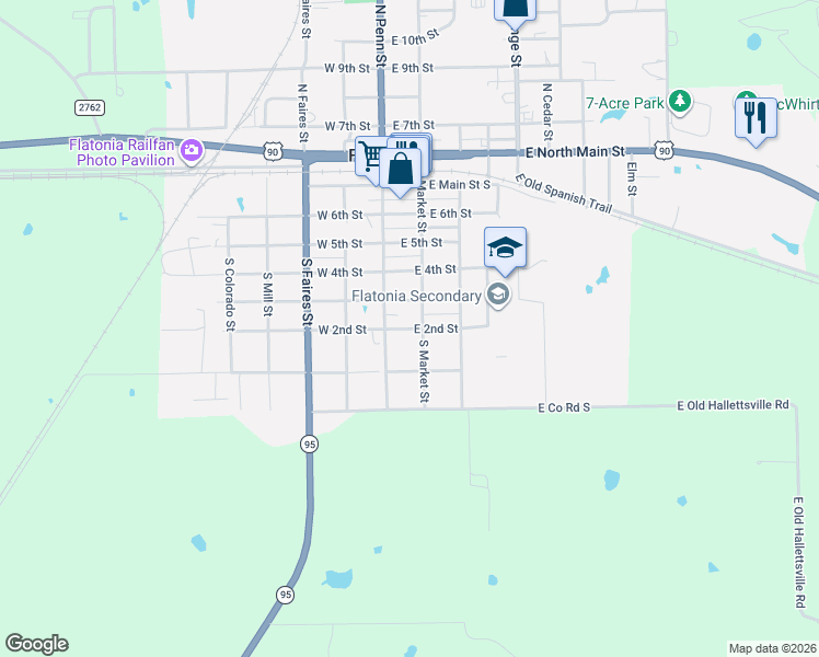 map of restaurants, bars, coffee shops, grocery stores, and more near East 2nd Street in Flatonia