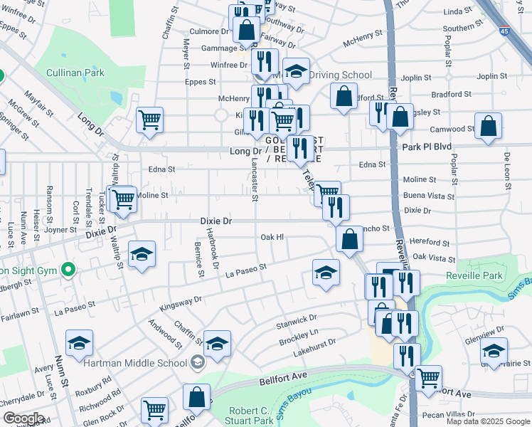 map of restaurants, bars, coffee shops, grocery stores, and more near 7317 Dixie Drive in Houston