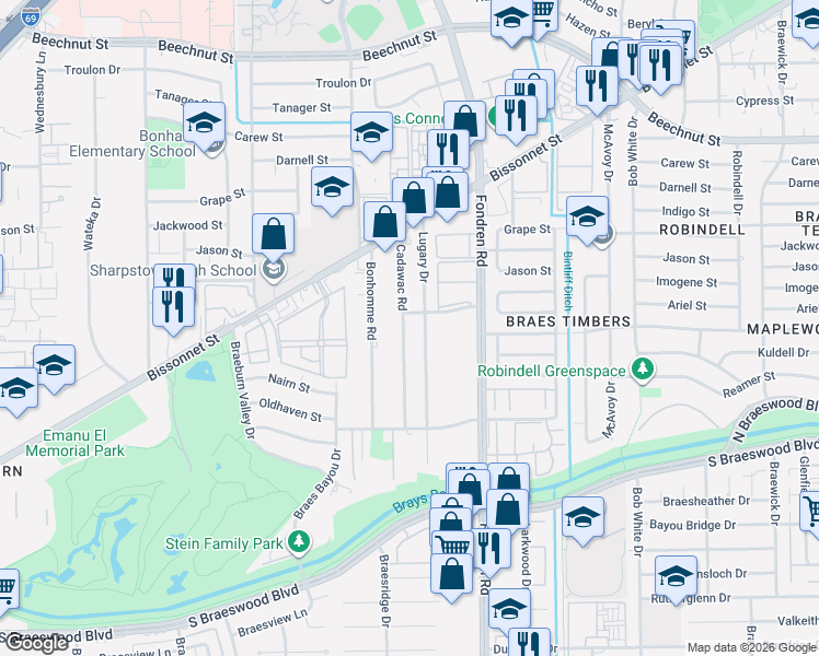map of restaurants, bars, coffee shops, grocery stores, and more near 8906 Lugary Drive in Houston