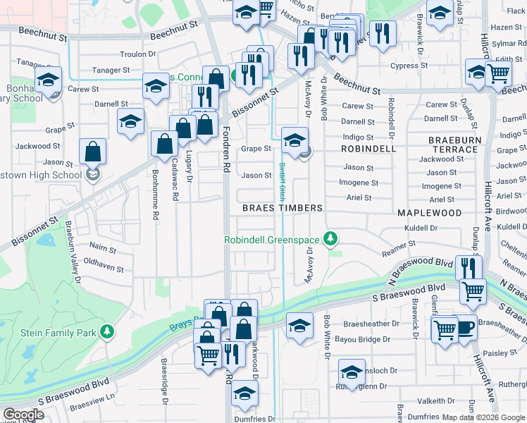 map of restaurants, bars, coffee shops, grocery stores, and more near 6518 Birdwood Road in Houston