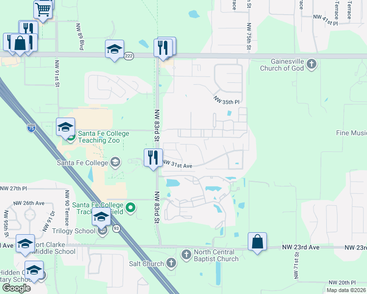 map of restaurants, bars, coffee shops, grocery stores, and more near 3160 Northwest 79th Court in Gainesville